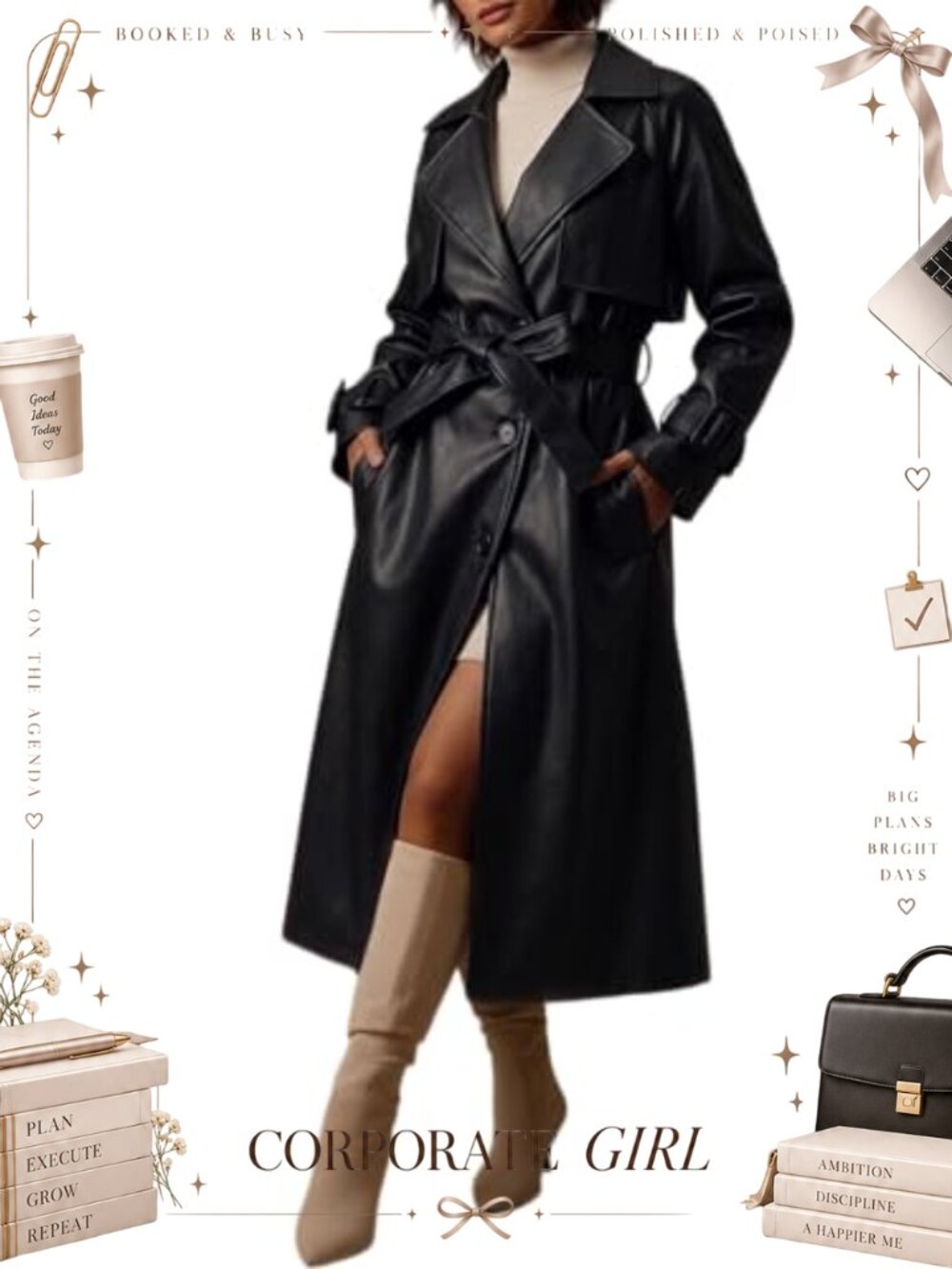 Faux Leather Classic Lapel Belted Loose Trench Coat